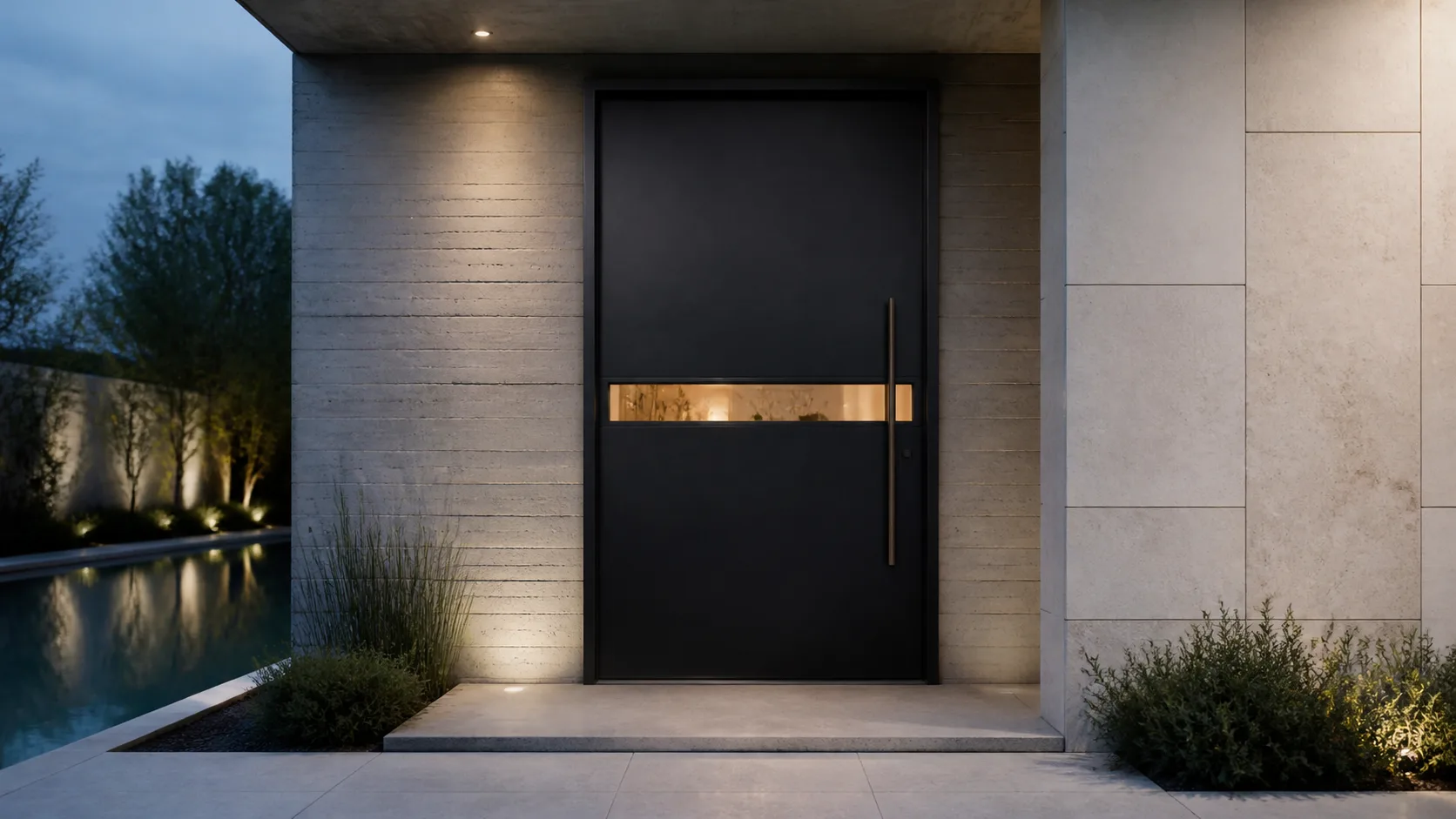 Matte-black solid pivot door with a narrow horizontal glass reveal