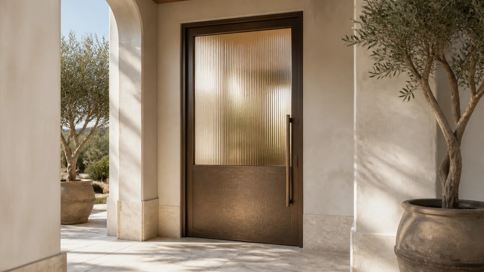Warm-bronze pivot door with a full-height reeded glass panel