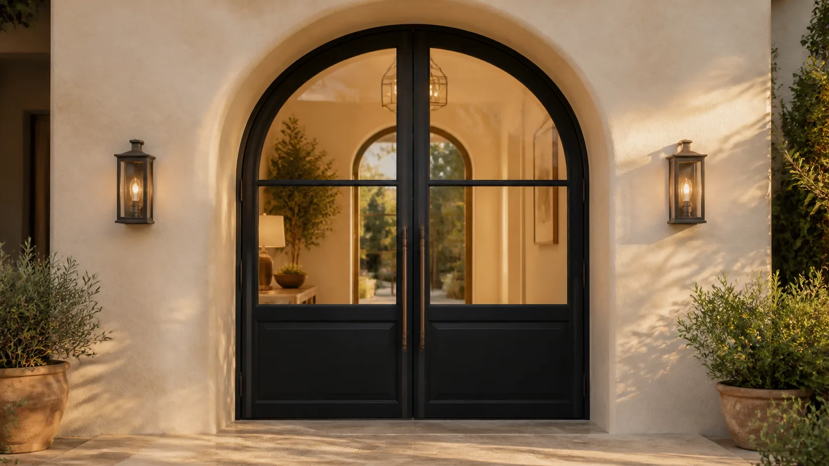 Matte-black steel-and-glass double doors within a soft plaster arch