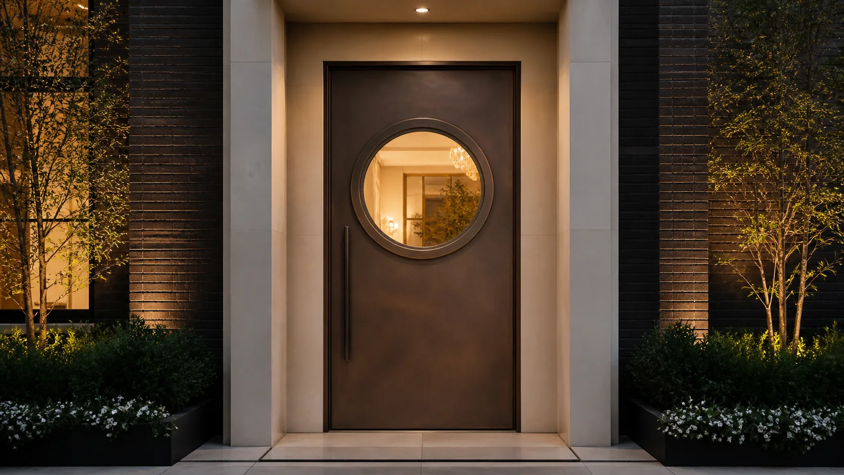 Sculptural bronze pivot entry door with a circular glass oculus