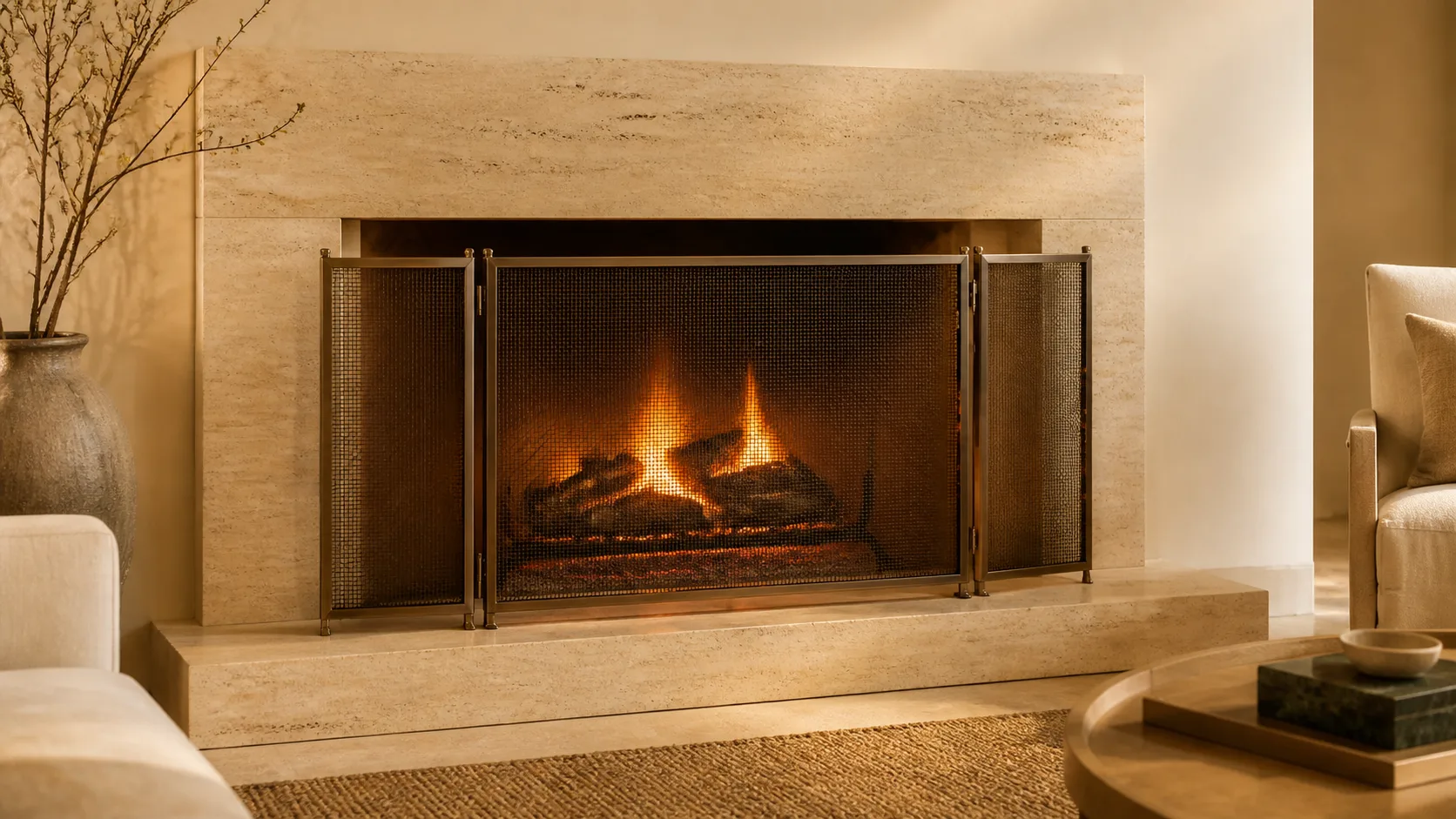 Three-panel bronze fireplace screen in a warm plaster living room