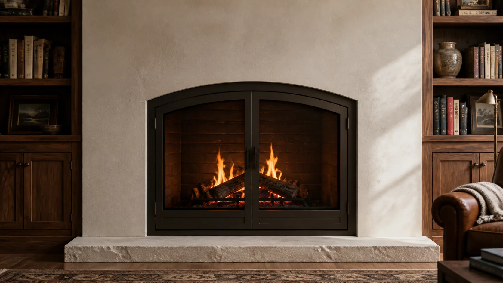 Segmental-arch bronze fireplace doors within a softly curved stone opening