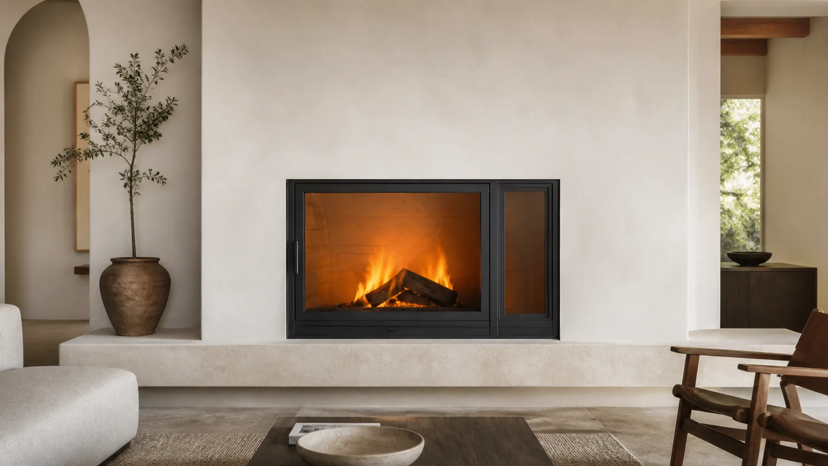 Asymmetric steel-and-glass fireplace doors in a contemporary stone wall