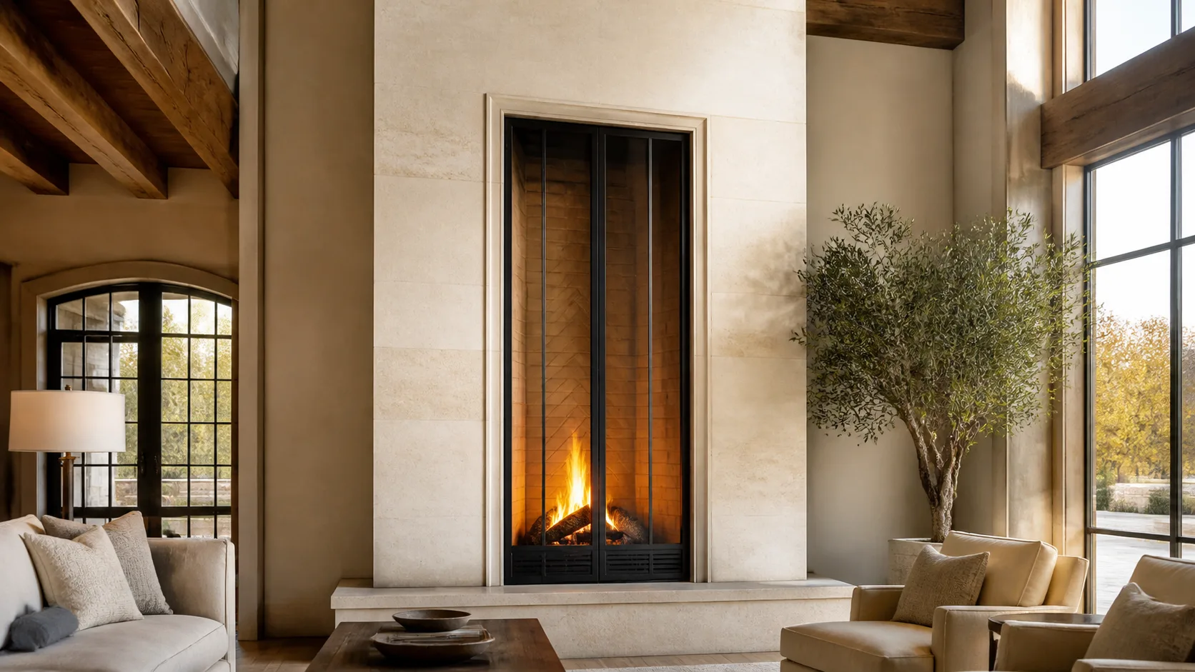 Tall gridded fireplace doors rising within a double-height plaster room