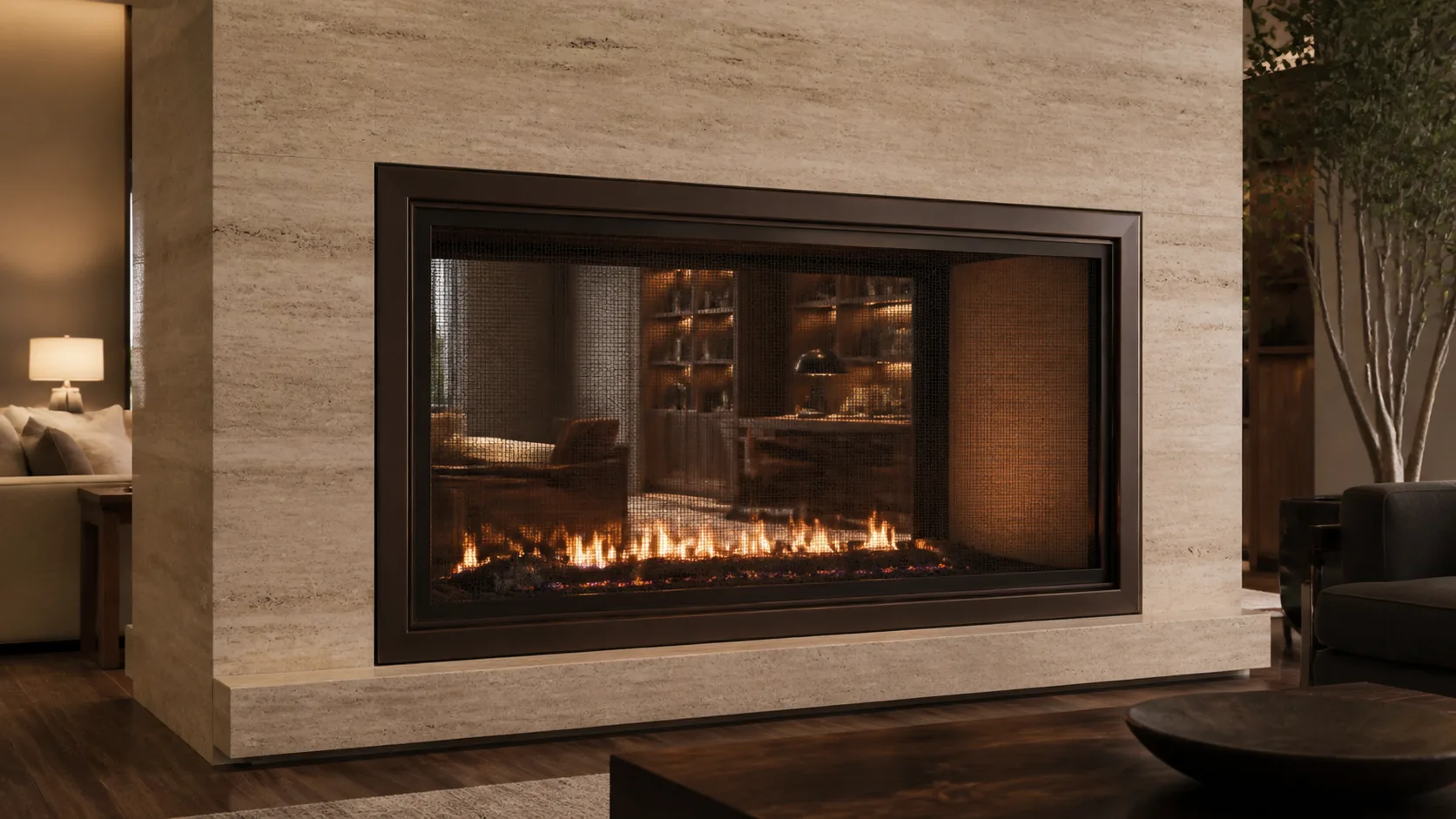 Minimal steel screen wrapping a see-through fireplace between two rooms