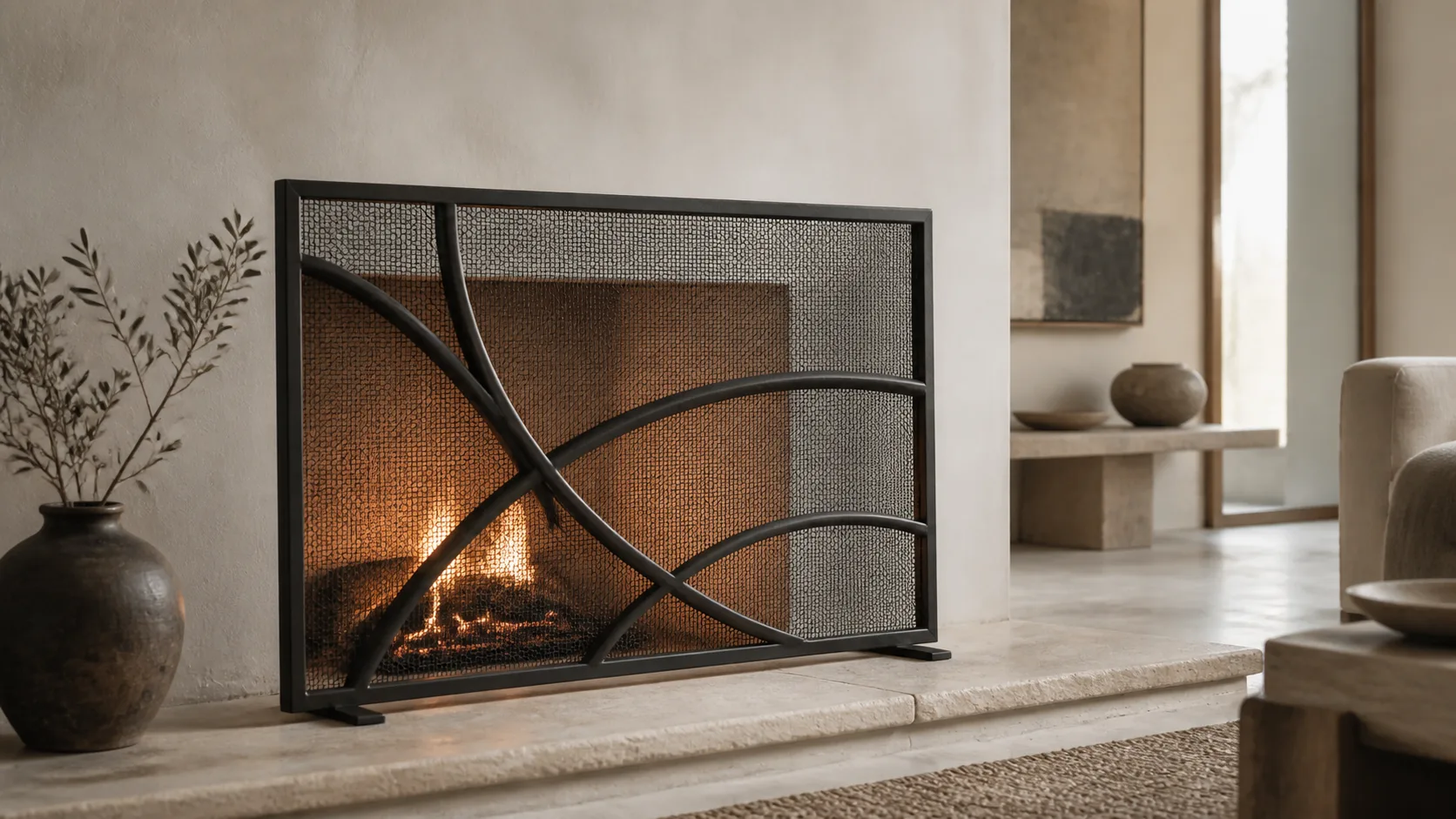 Freestanding forged fireplace screen with an organic branching pattern