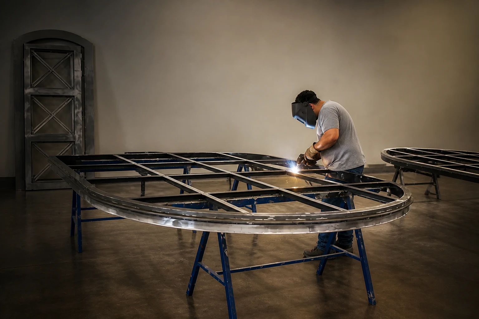 A D'Hierro fabricator welding a steel frame inside the Dallas shop