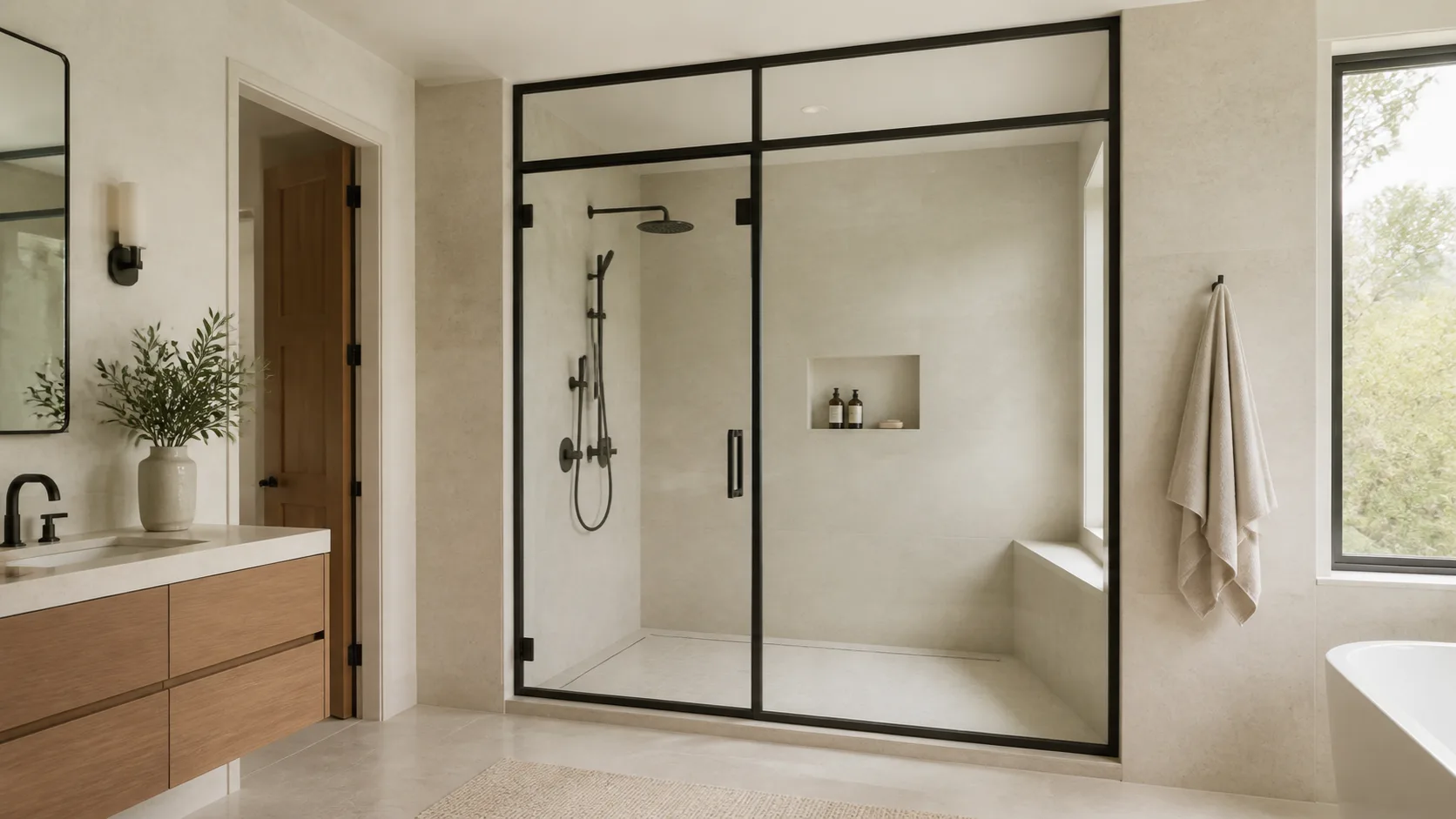 Black steel shower enclosure with a full transom grid in a pale limestone bathroom