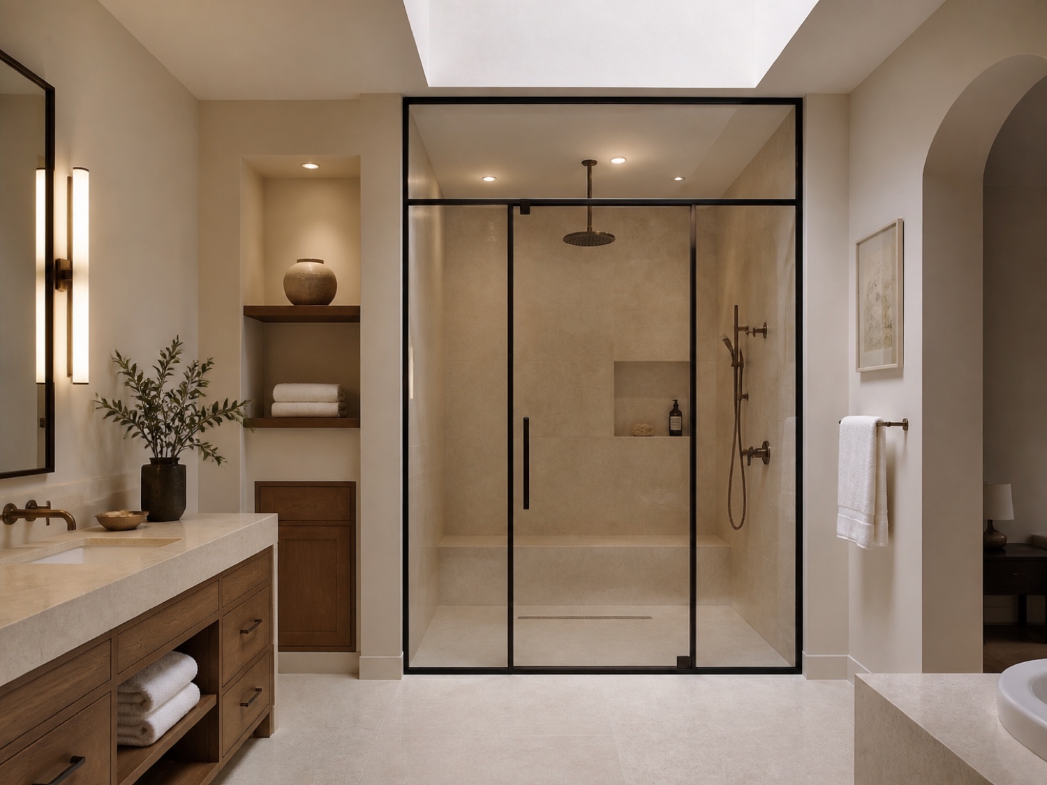 Slim black steel shower enclosure with single pivot door, clear glass panels, and straight transom