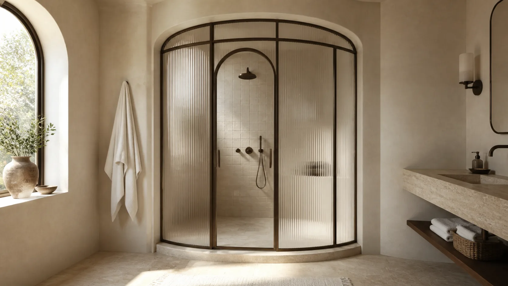 Arched bronze shower enclosure with fluted privacy glass in a warm stone bathroom