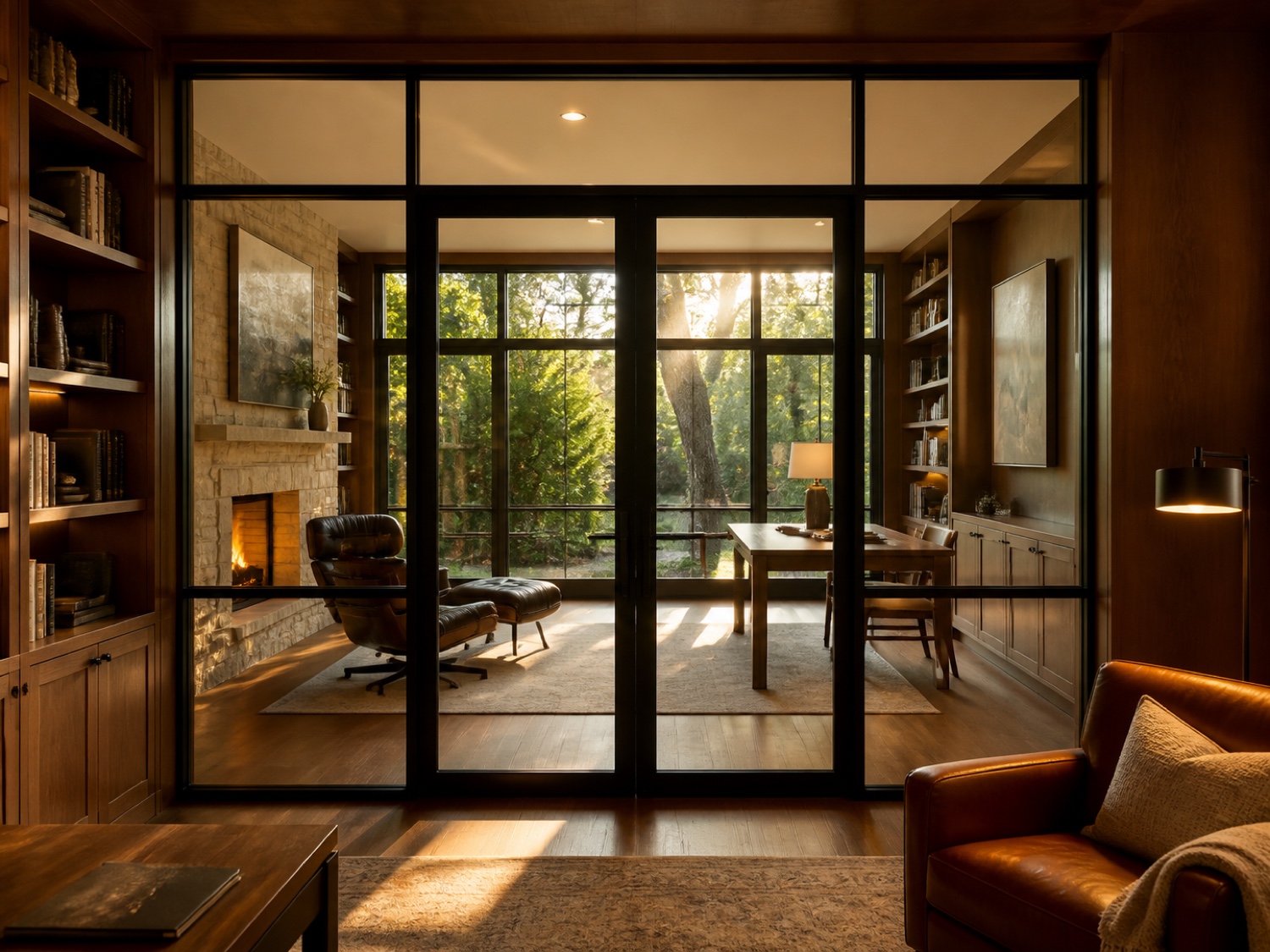 Full-height black steel-and-glass room divider with double doors, fixed panels, and straight clerestory