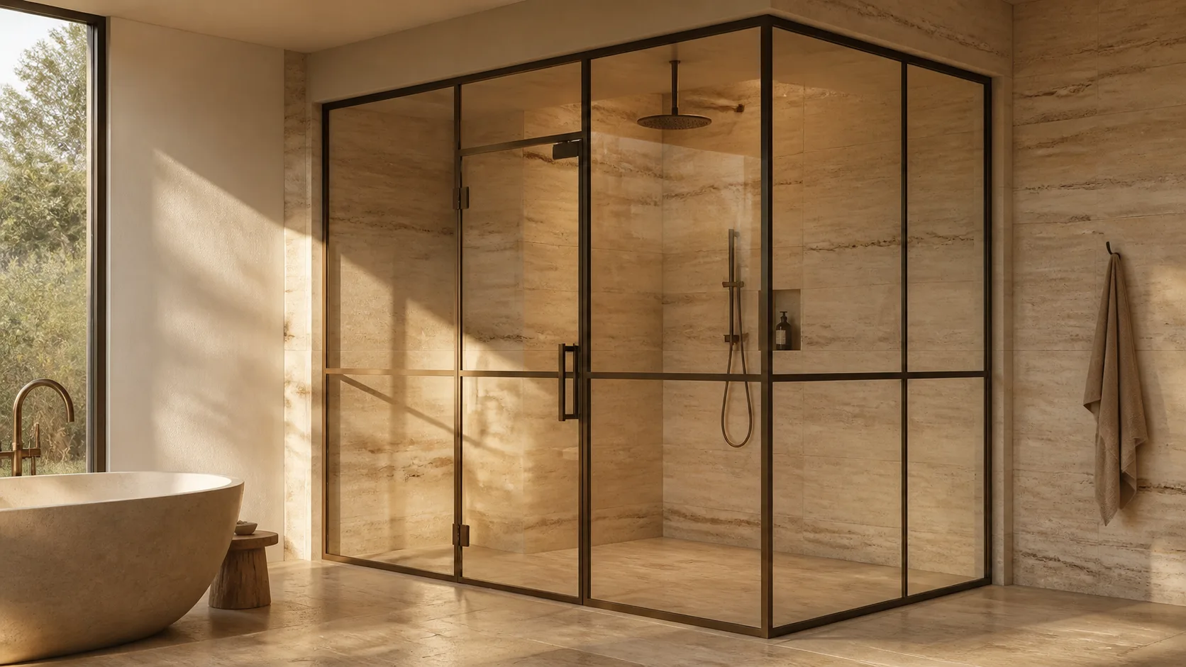 Warm bronze corner shower enclosure with clear glass and slim architectural framing