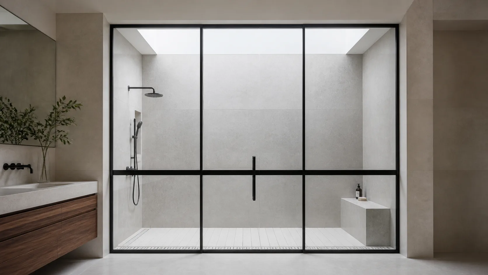 Minimal black steel shower enclosure with one continuous horizontal band