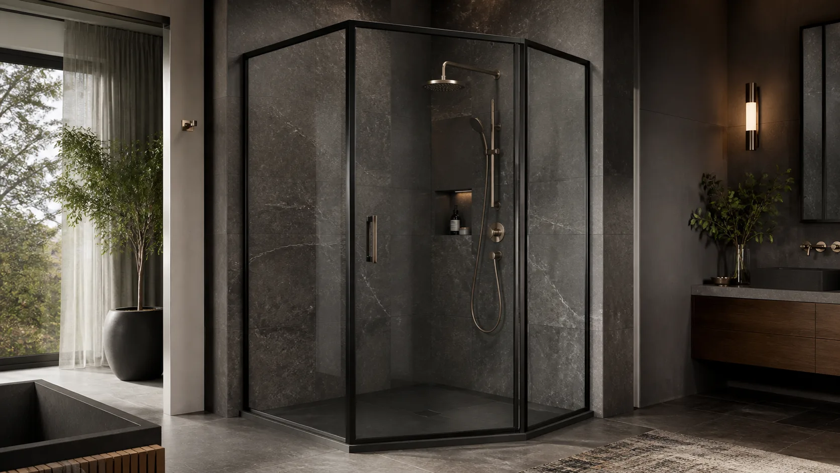 Faceted dark steel shower enclosure with smoked glass in a dramatic stone bathroom