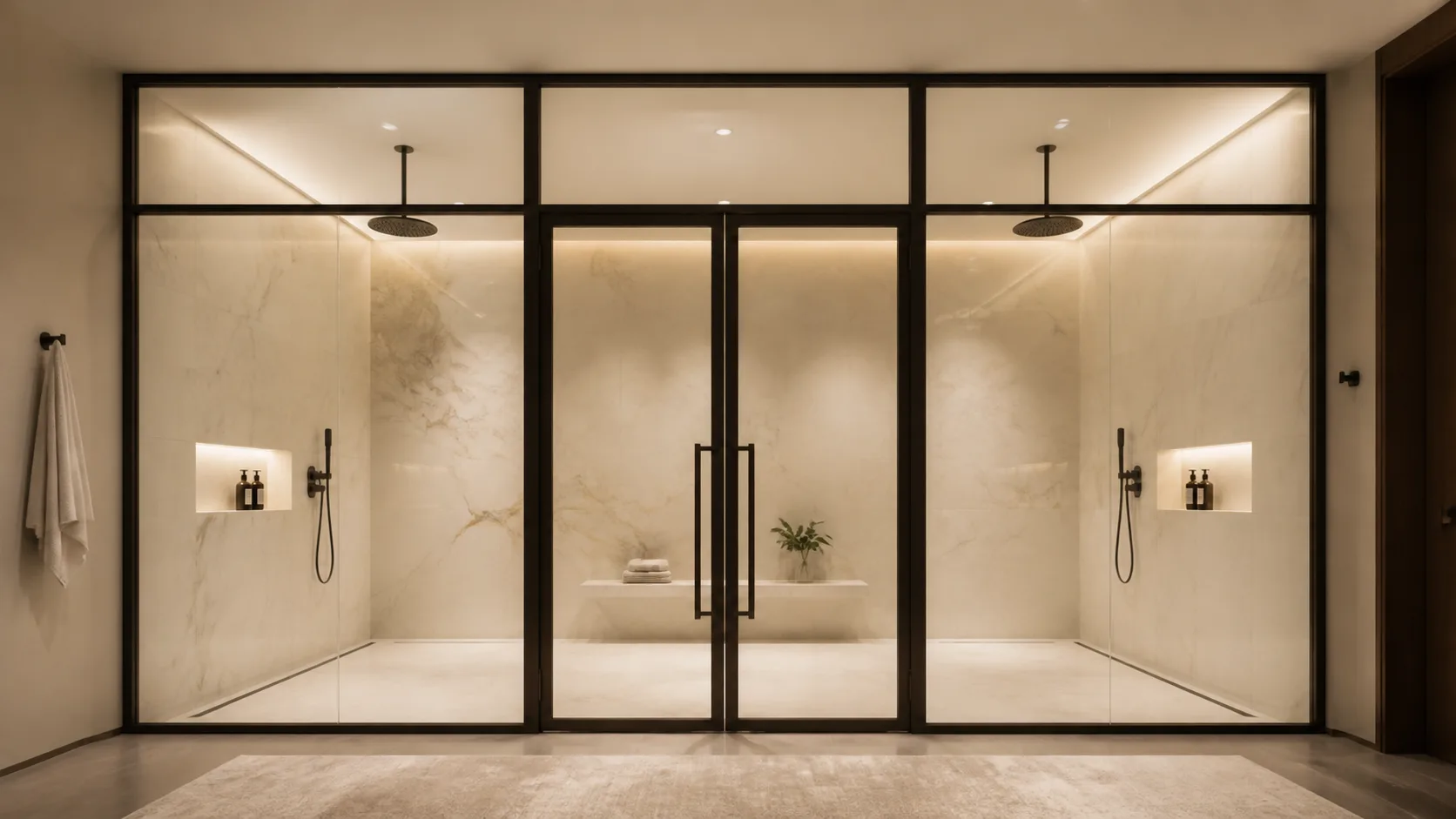 Symmetrical steel and glass wet-room wall with centered double doors