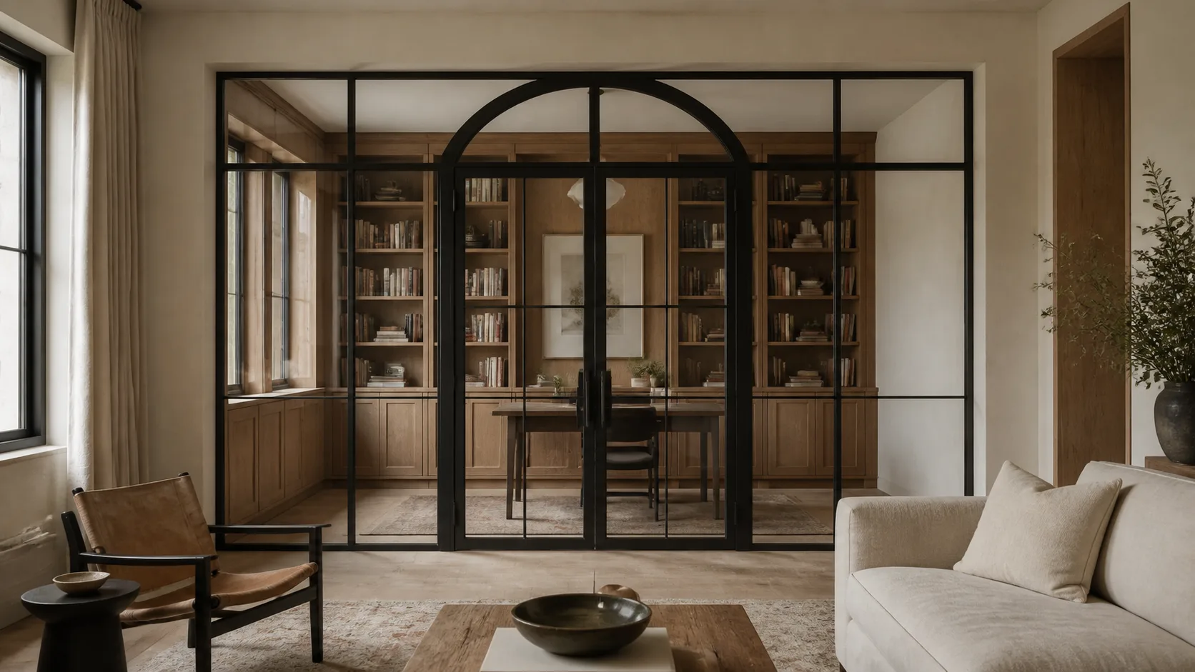 Arched steel and glass partition dividing a refined living room from an adjoining space