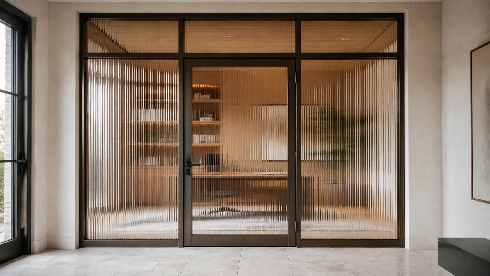Bronze-framed office front with fluted glass panels and a matching door