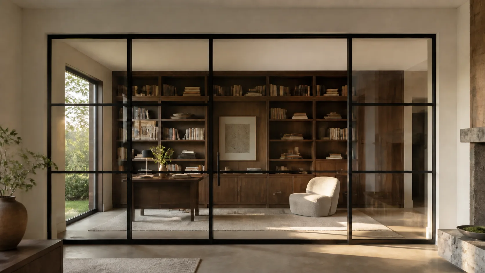 Closed blackened-steel and glass library wall with an integrated centered door