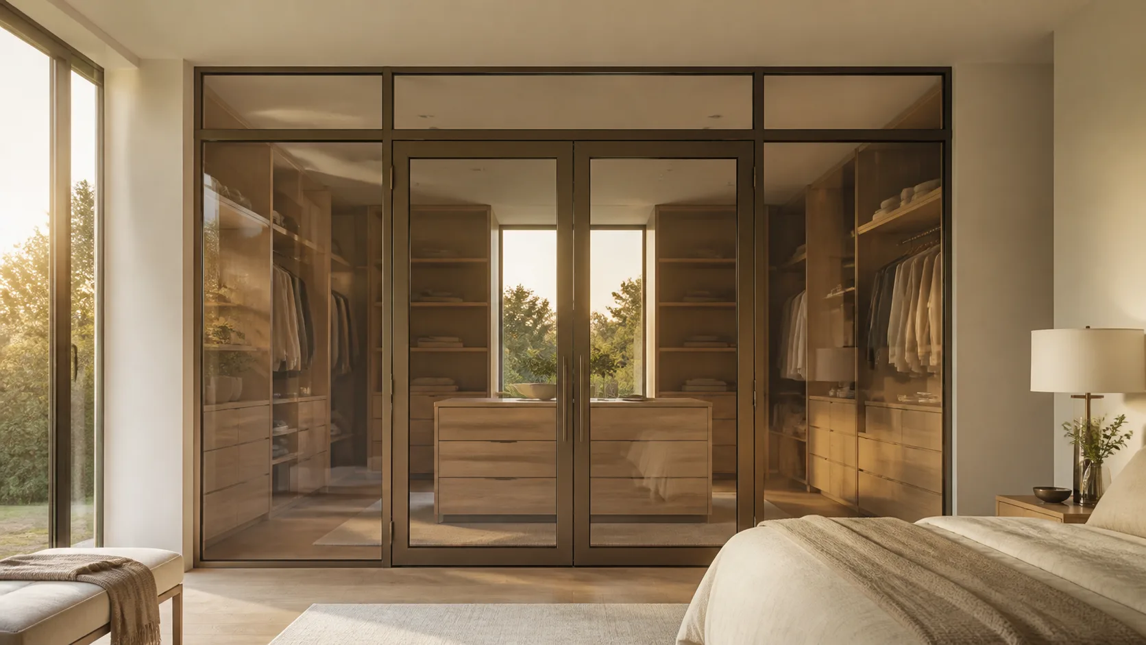 Bronze dressing-room partition with smoked glass and a slender integrated door