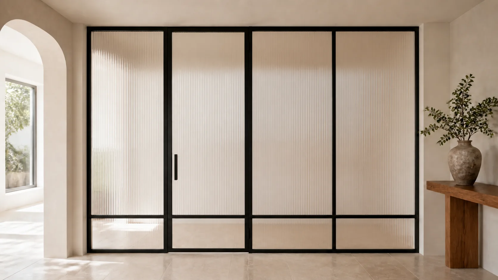 Reeded-glass hallway screen in a slim blackened-steel frame