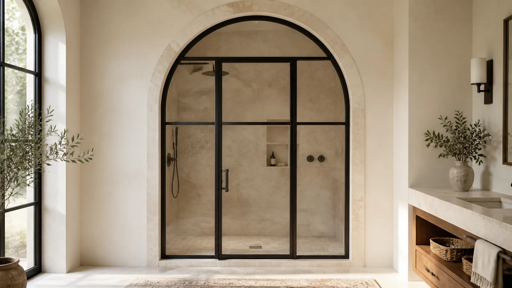 Full round-arch black steel shower enclosure with a centered glass door and sidelights