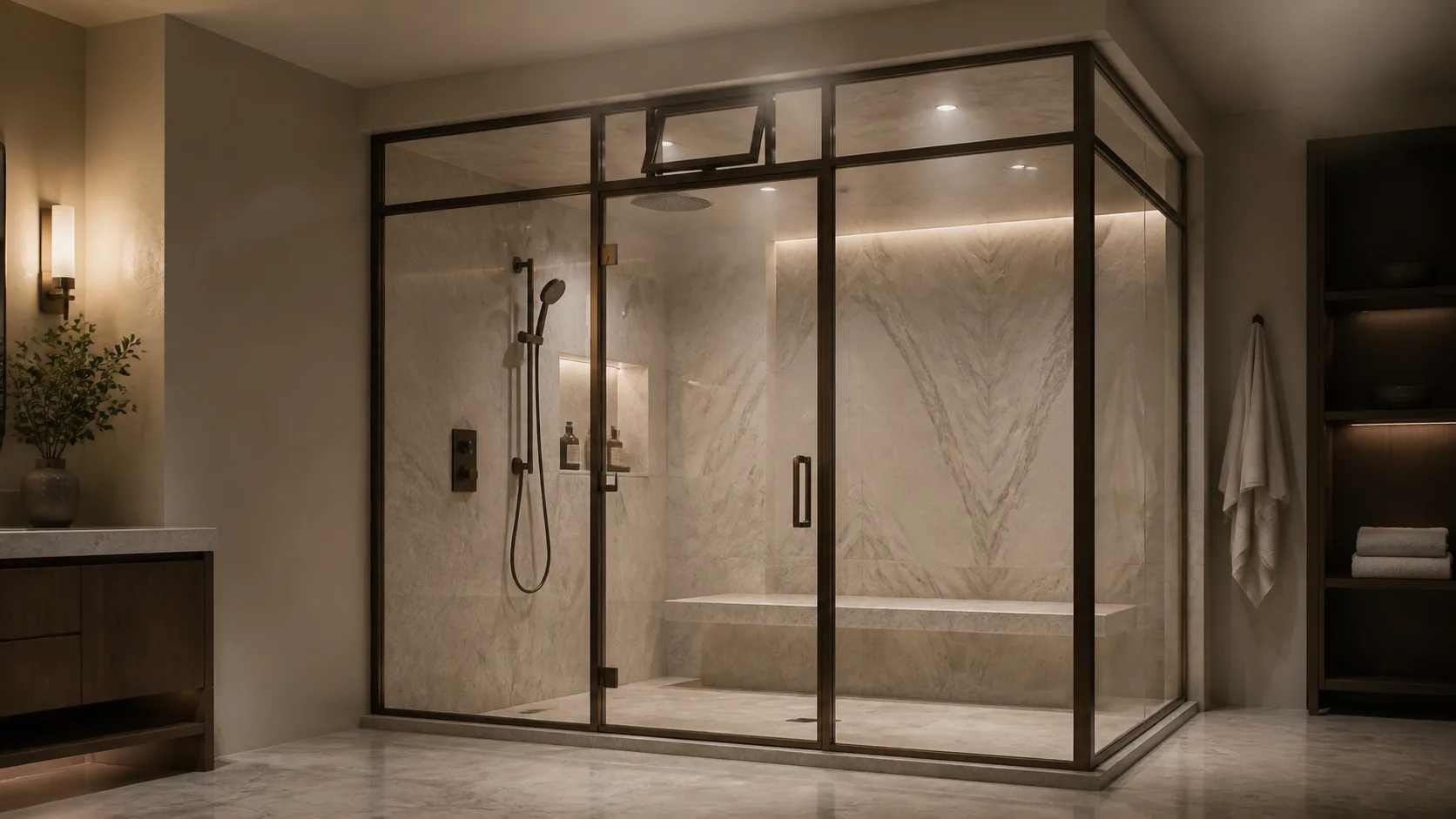 Floor-to-ceiling steel and glass steam shower with bench and upper operable vent