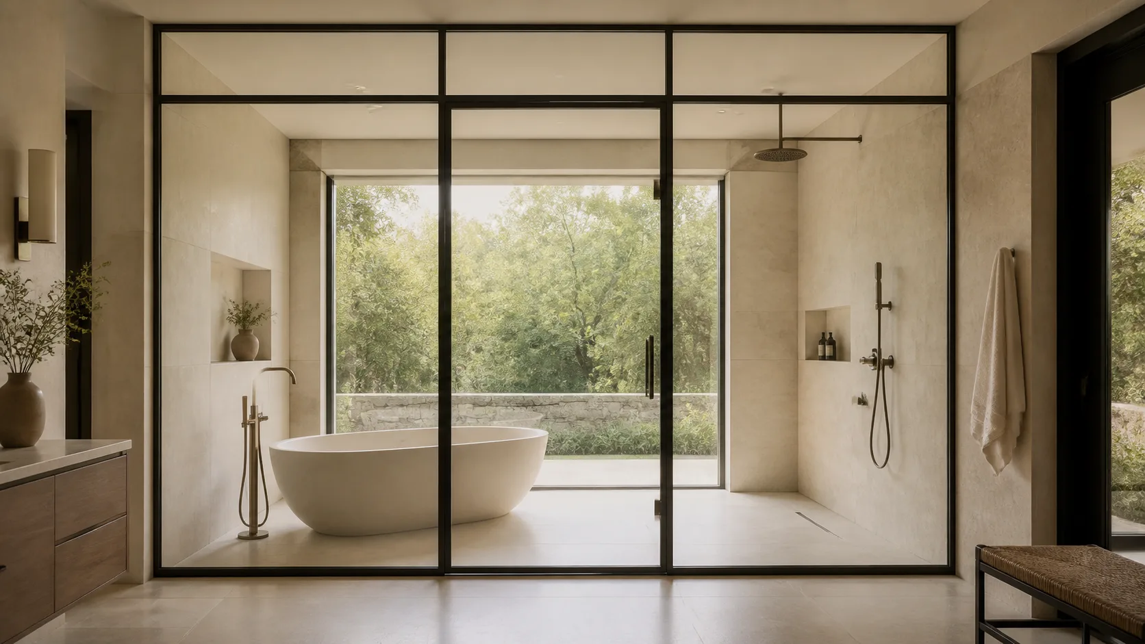 Steel and glass wet-room enclosure containing a freestanding tub and walk-in shower