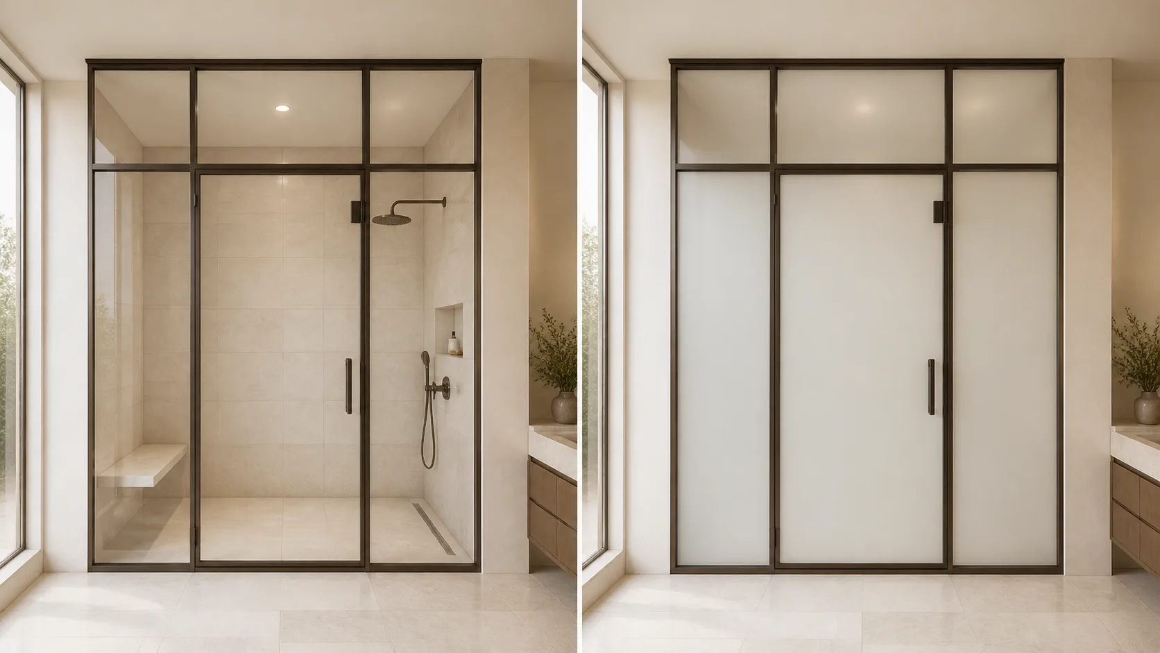Side-by-side view of the same steel shower enclosure with clear and frosted privacy glass