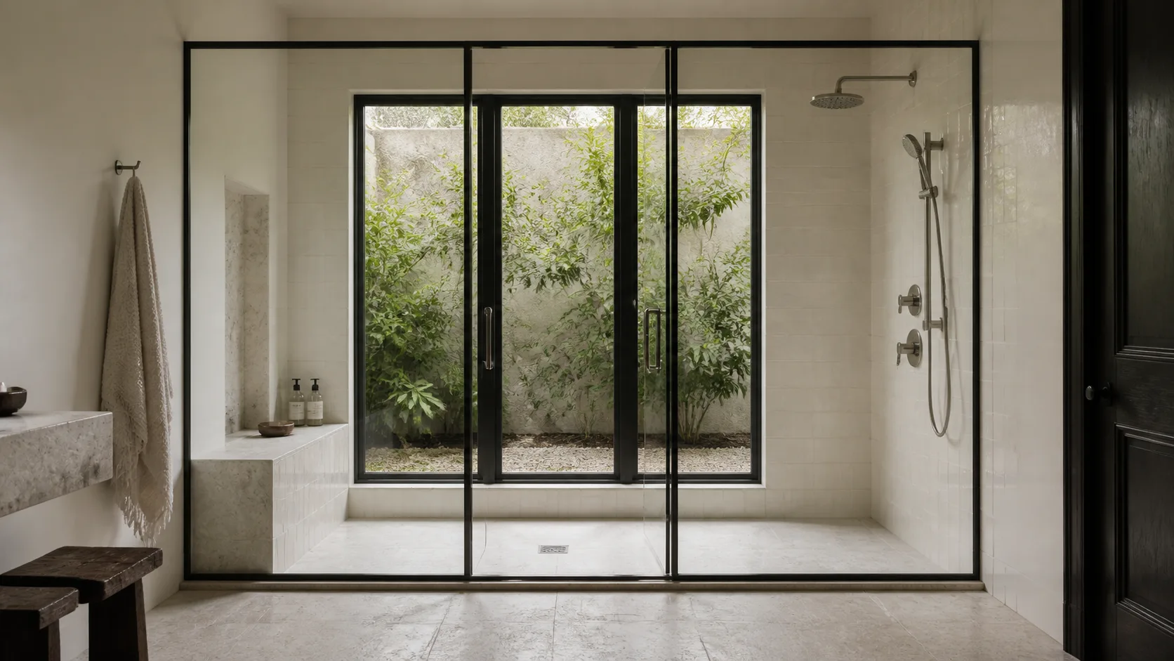 Steel and glass shower enclosure paired with a matching black steel window inside the wet zone