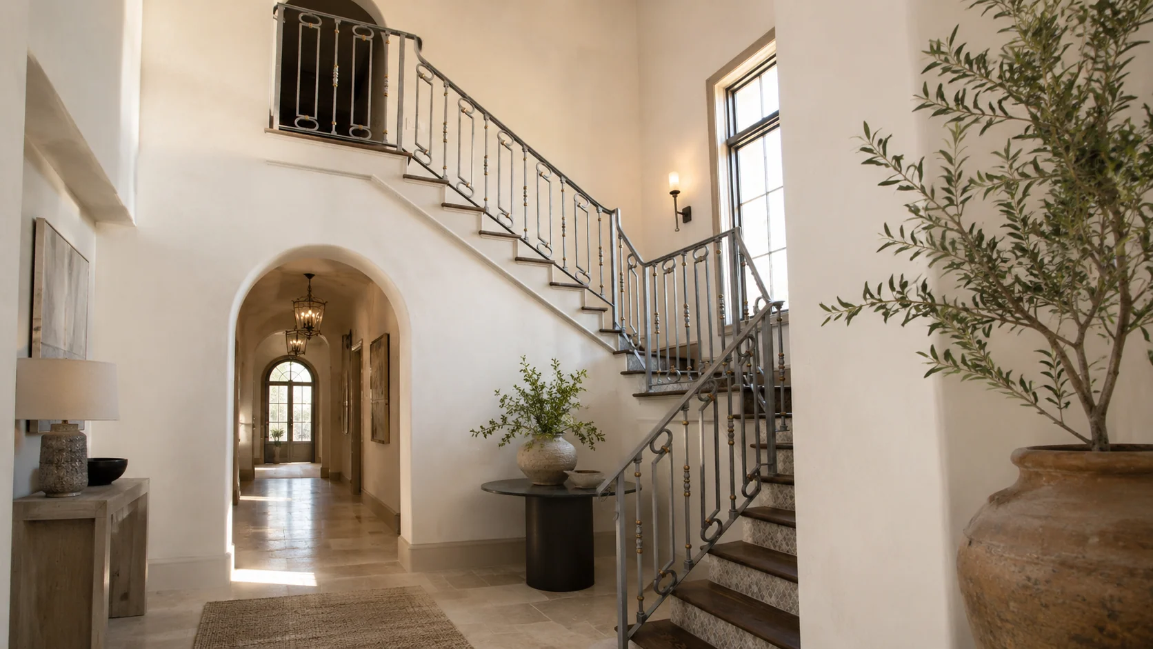 Spanish-style stair hall with custom iron railing