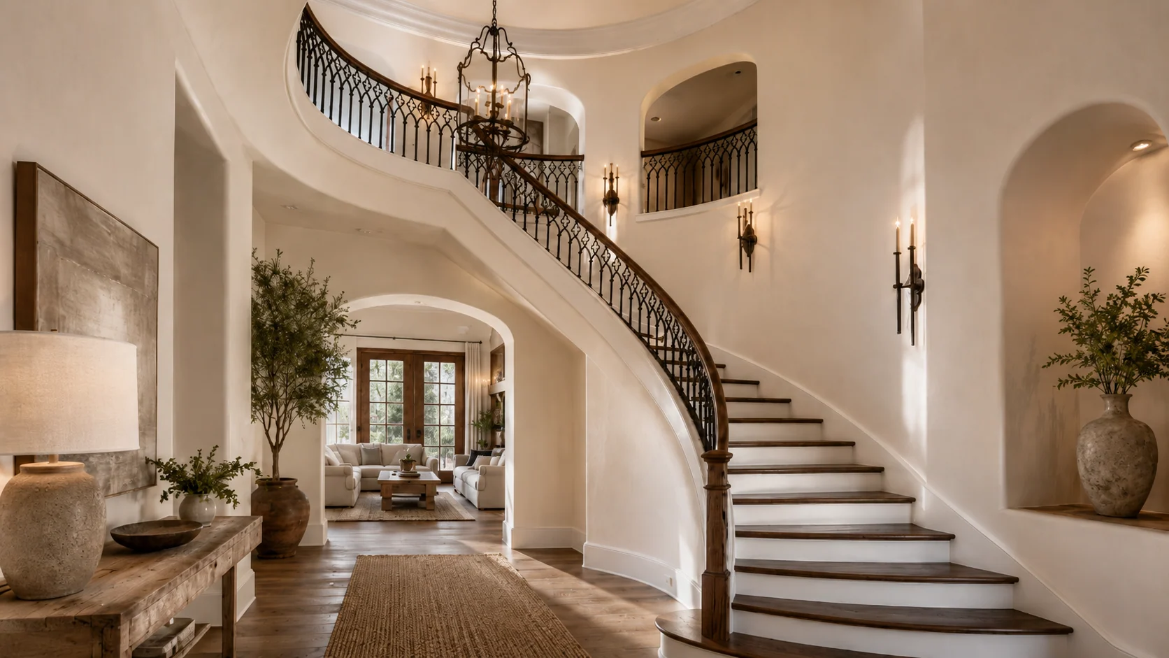 Curved stair hall with hand-forged custom iron railing