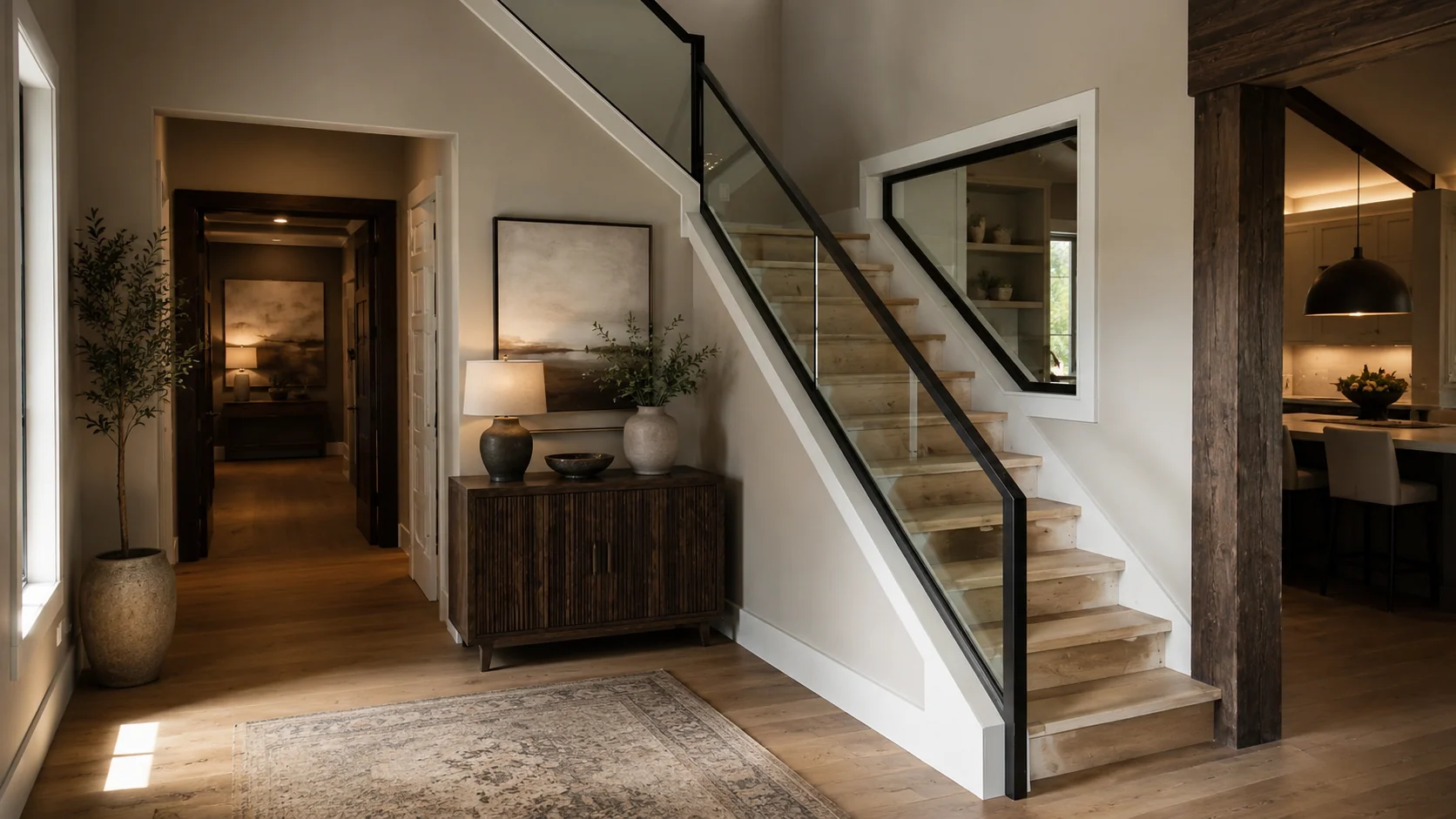 Modern interior stair with black custom iron railing