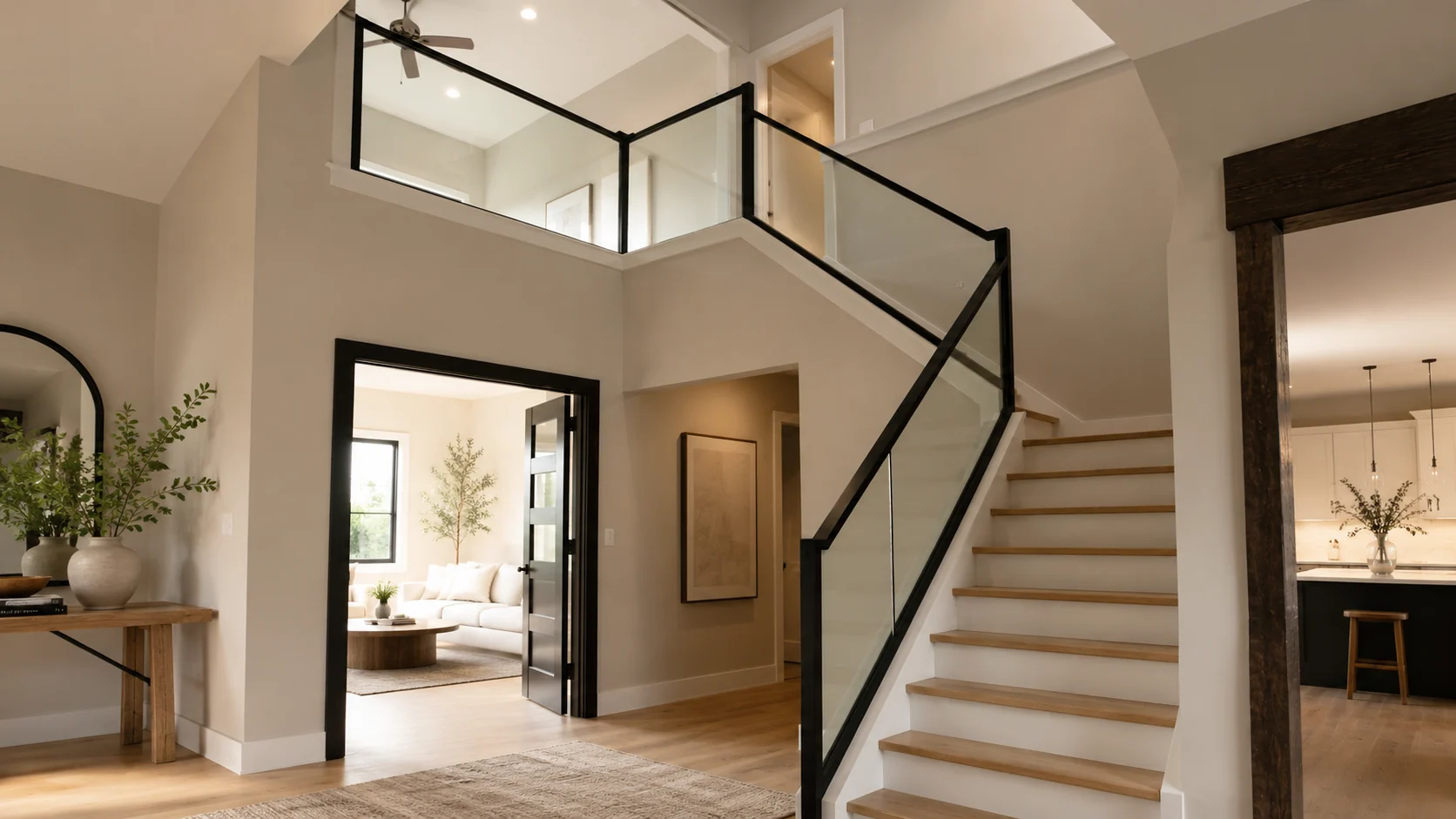 Modern stair and landing guardrail with black iron frame