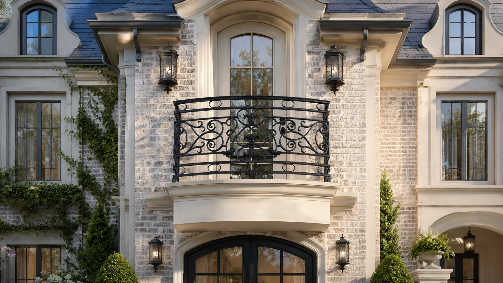 Exterior Juliet balcony with decorative iron railing on a stone facade