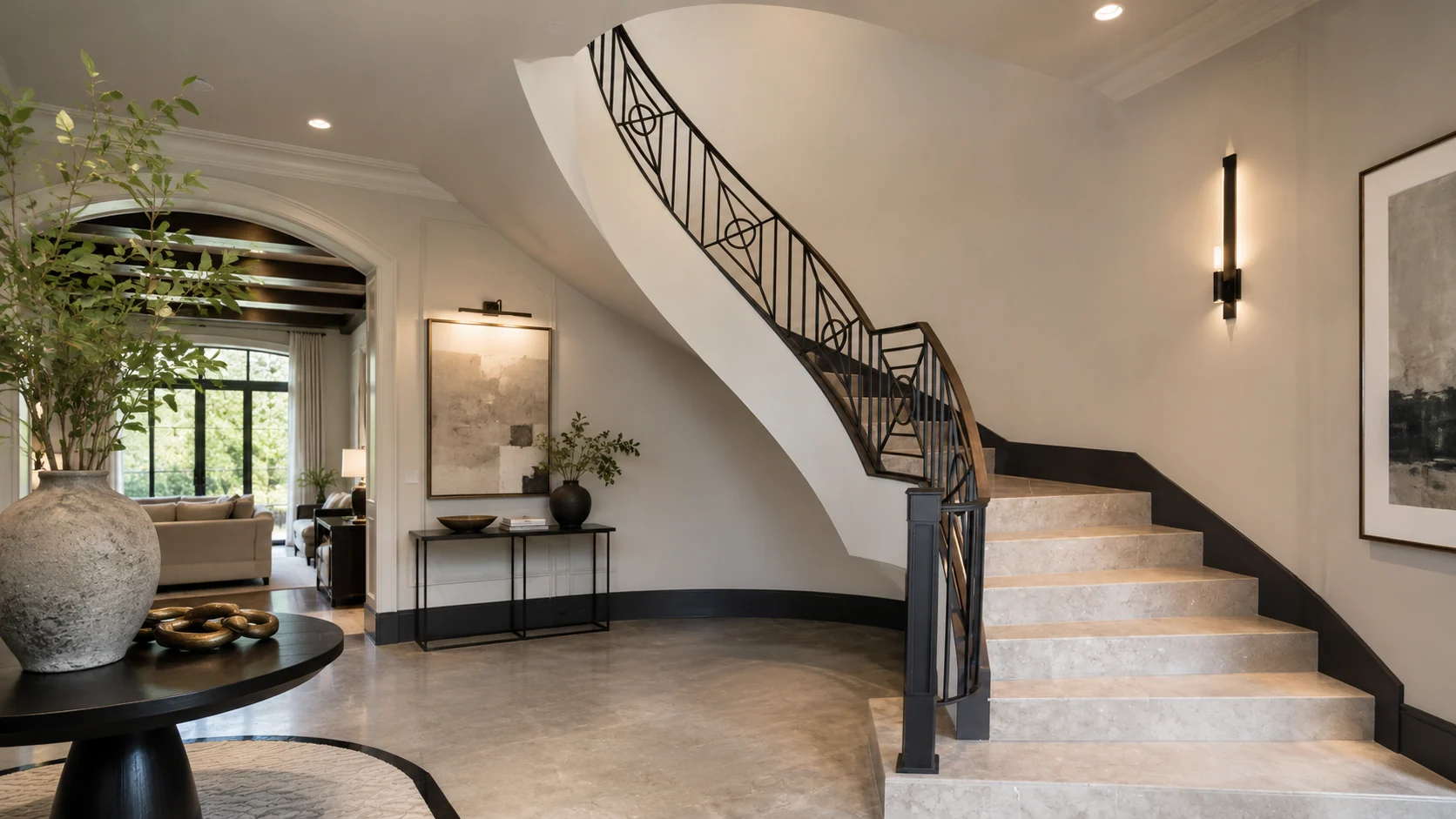Transitional stair railing in a warm entry hall