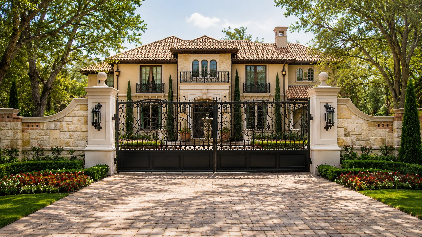 Estate driveway gate with custom iron panels