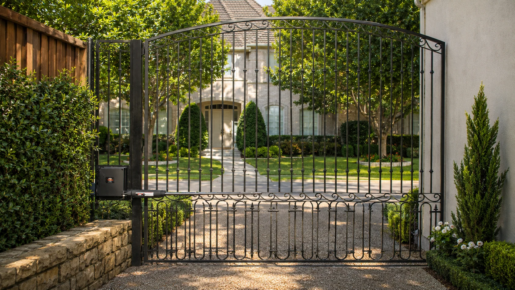 Garden entry gate with custom iron frame