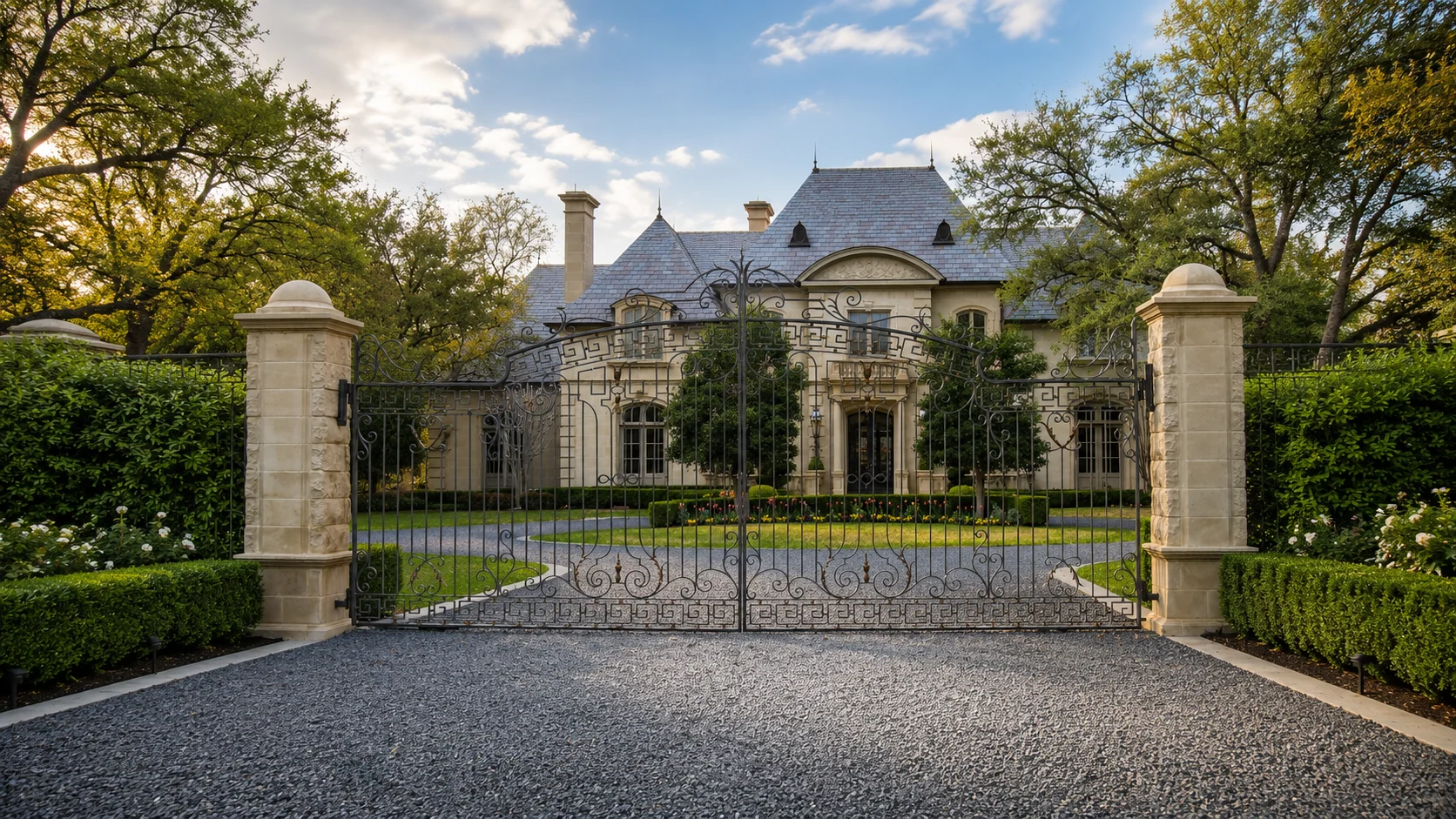 Estate perimeter gate and custom iron fence with stone piers