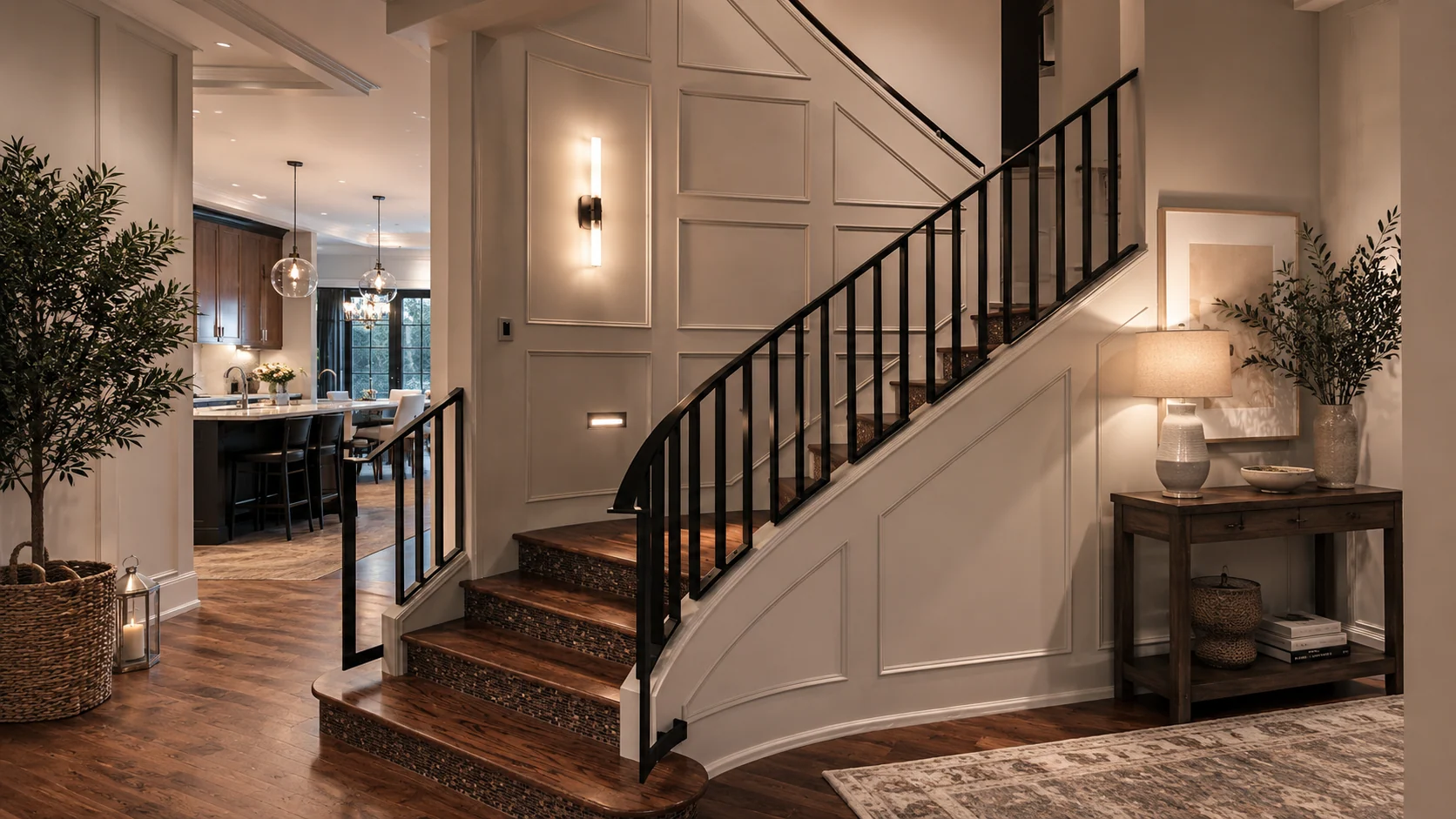 Interior stair railing with console landing in a traditional home