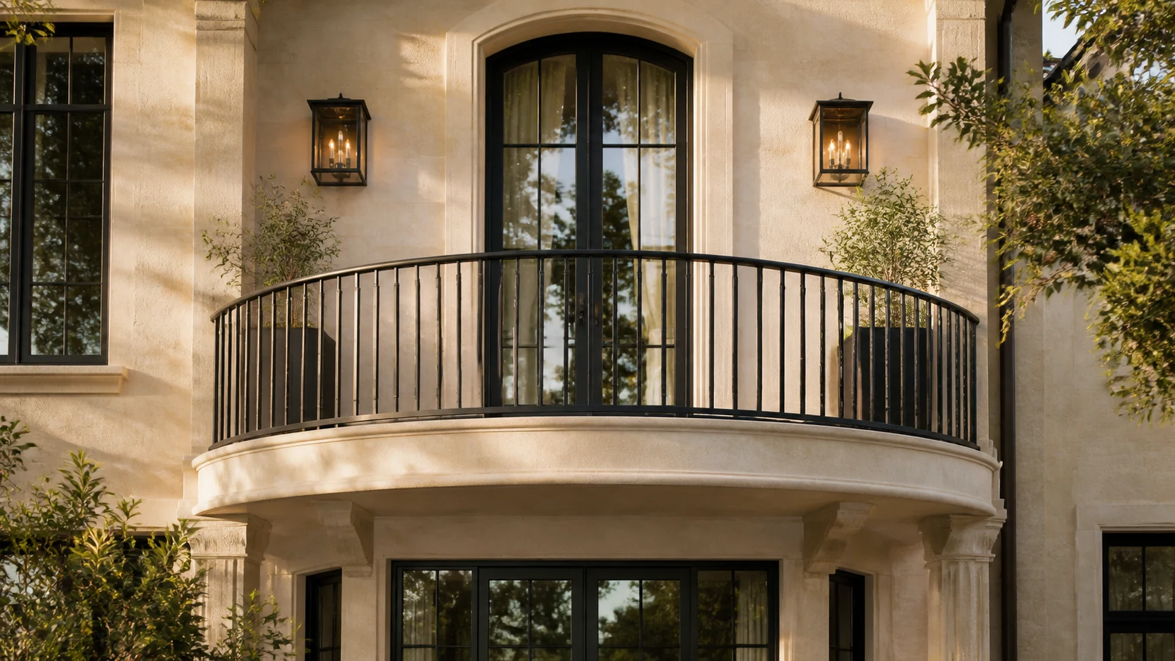 Curved limestone balcony with a bowed matte-black vertical iron railing