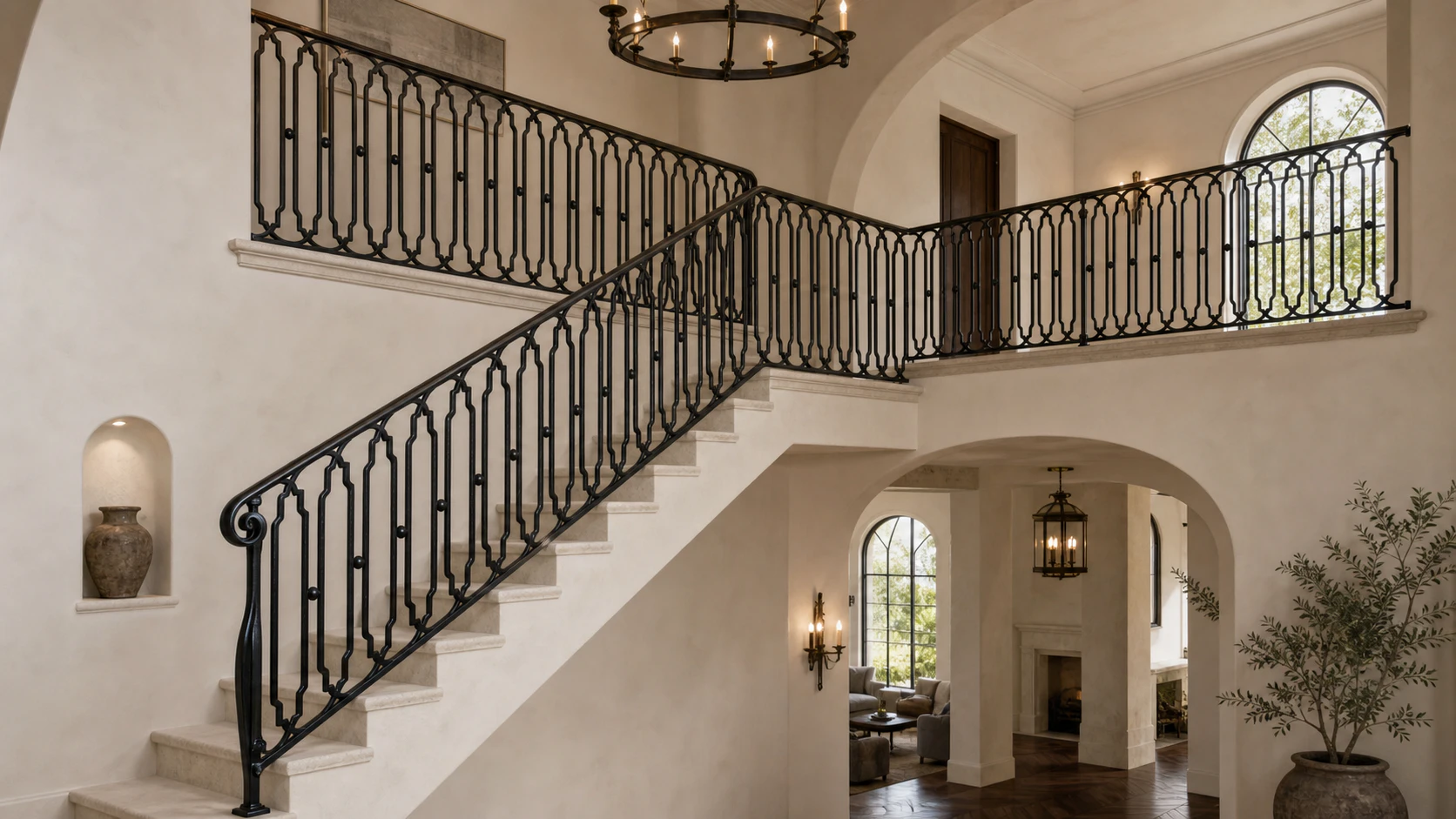 Grand Mediterranean interior with custom keyhole-arch iron stair and landing railing
