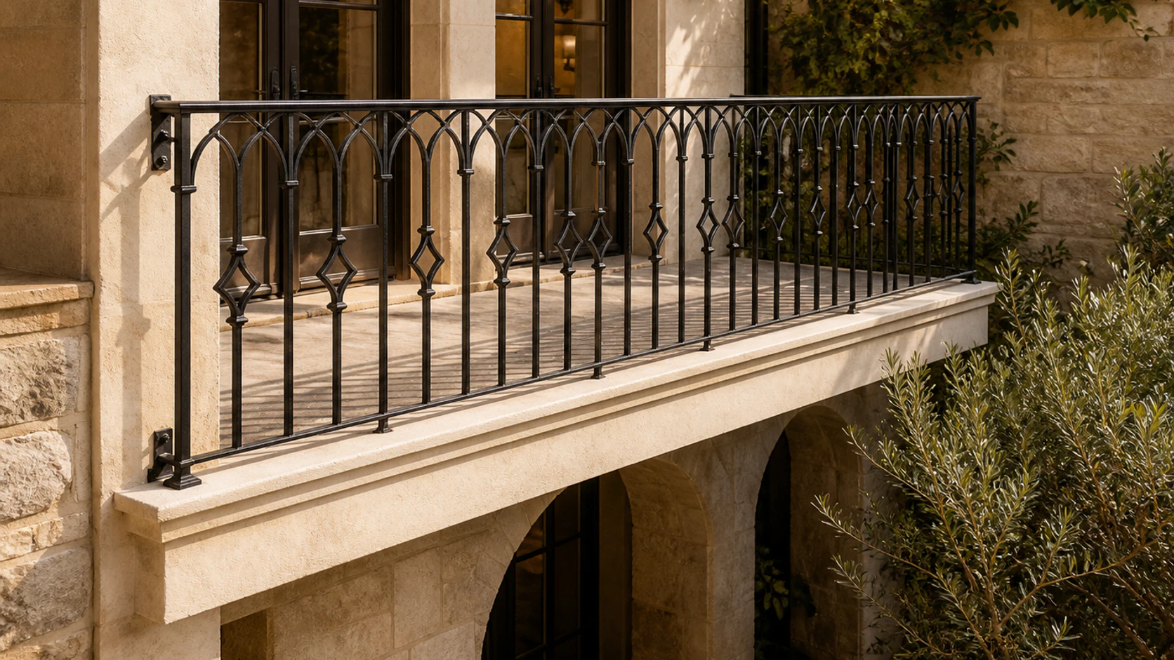Mediterranean courtyard balcony with hand-forged arch and diamond iron railing