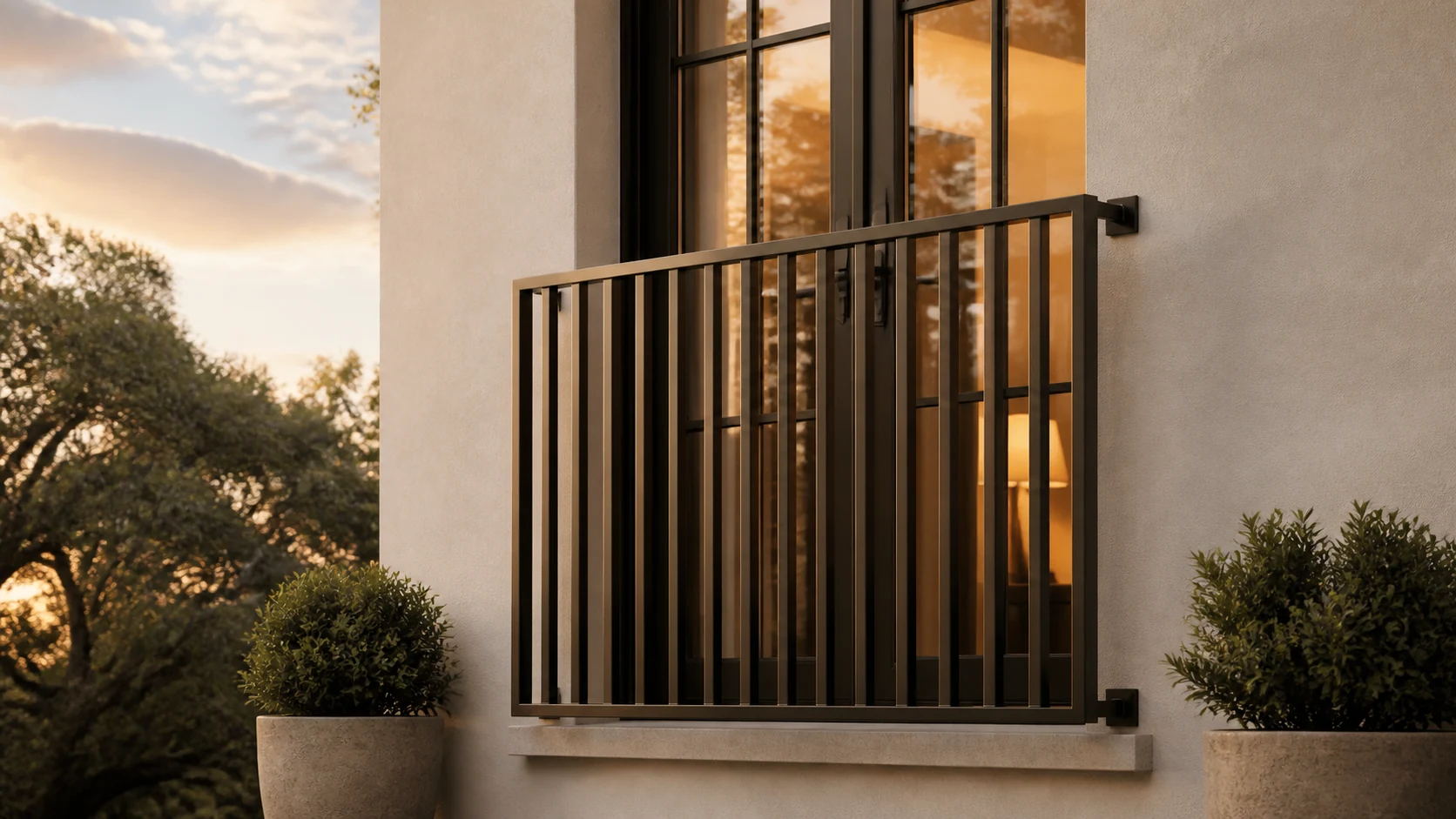 Minimal dark-bronze Juliet balcony on a warm stucco facade