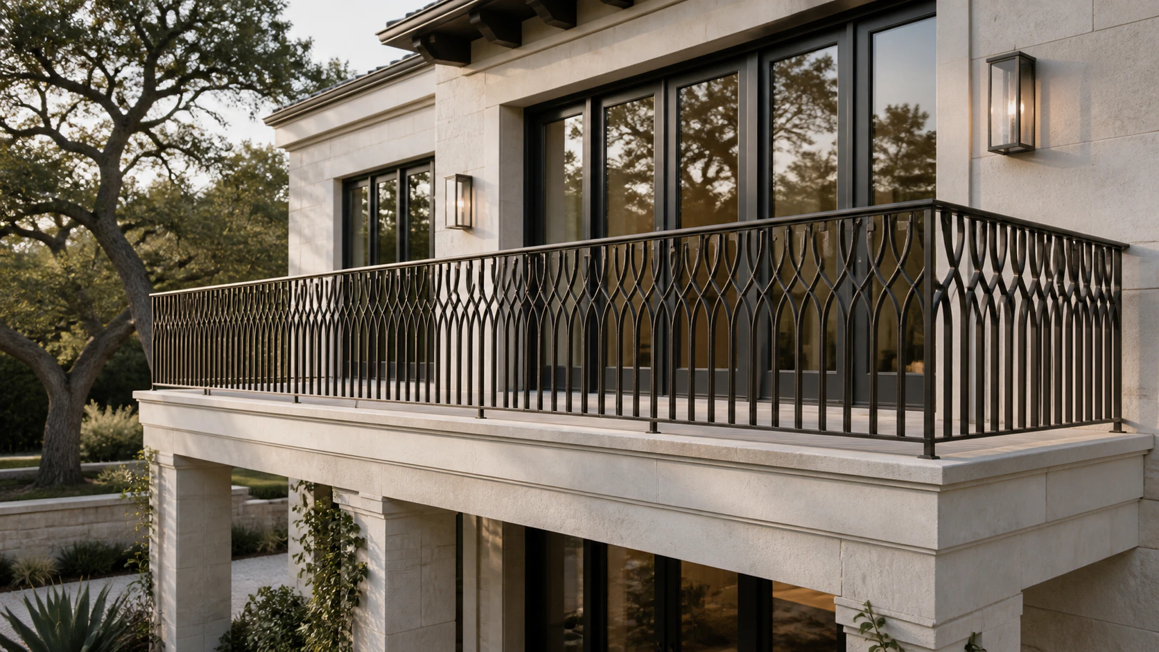 Full limestone balcony with custom flowing lattice iron railing