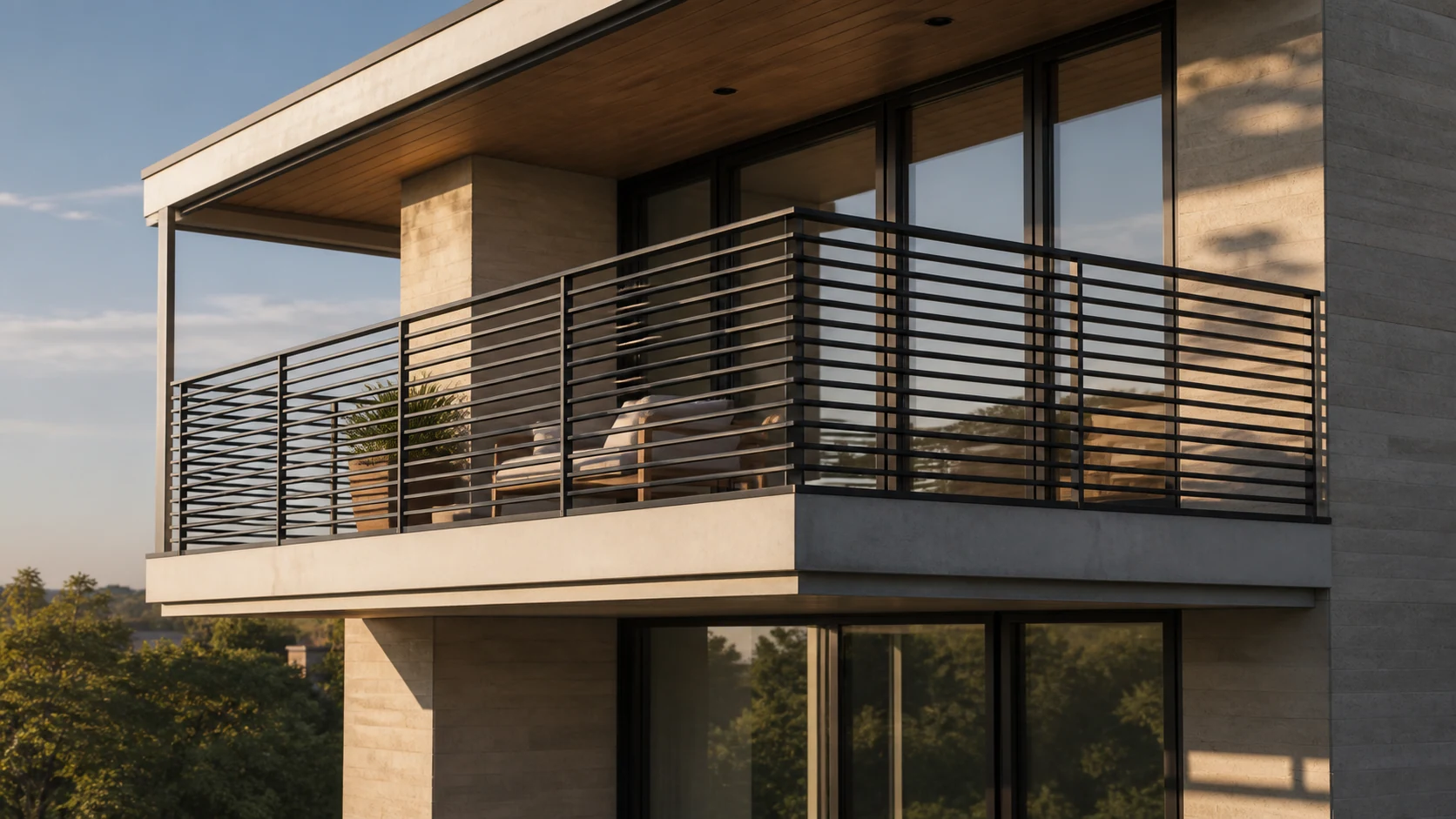 Warm modern residence with a layered horizontal black balcony railing