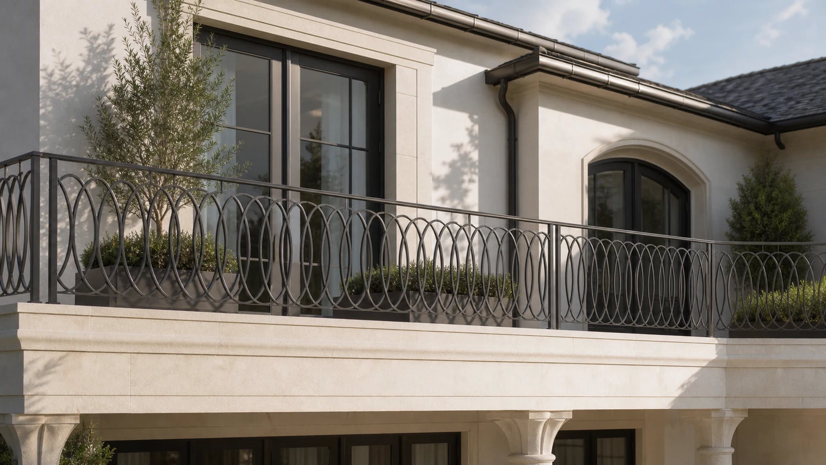 Transitional limestone balcony with a repeating oval iron railing