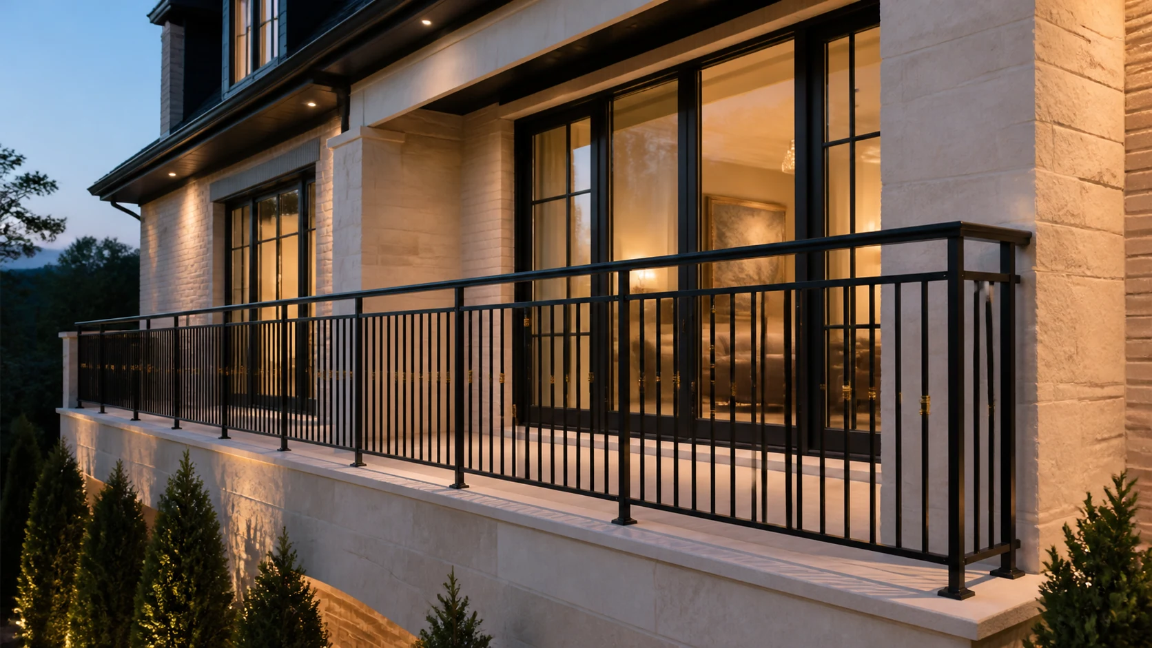 Black vertical balcony railing with restrained warm brass accents