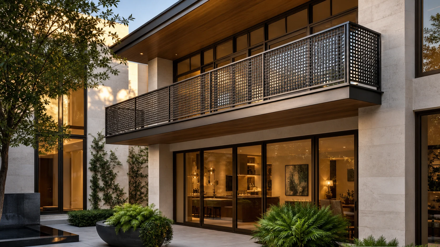 Contemporary courtyard balcony with woven architectural metal panels