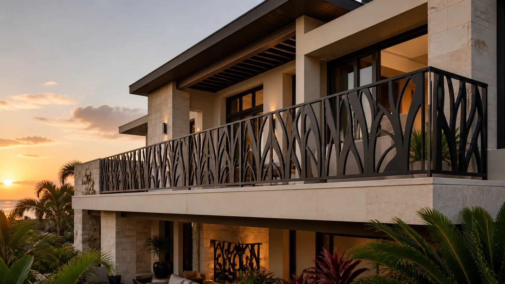 Sunset terrace with a sculptural black metal screen balcony railing