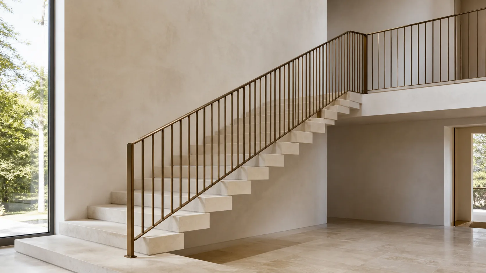 Floating limestone stair with a sculptural bronze ribbon railing